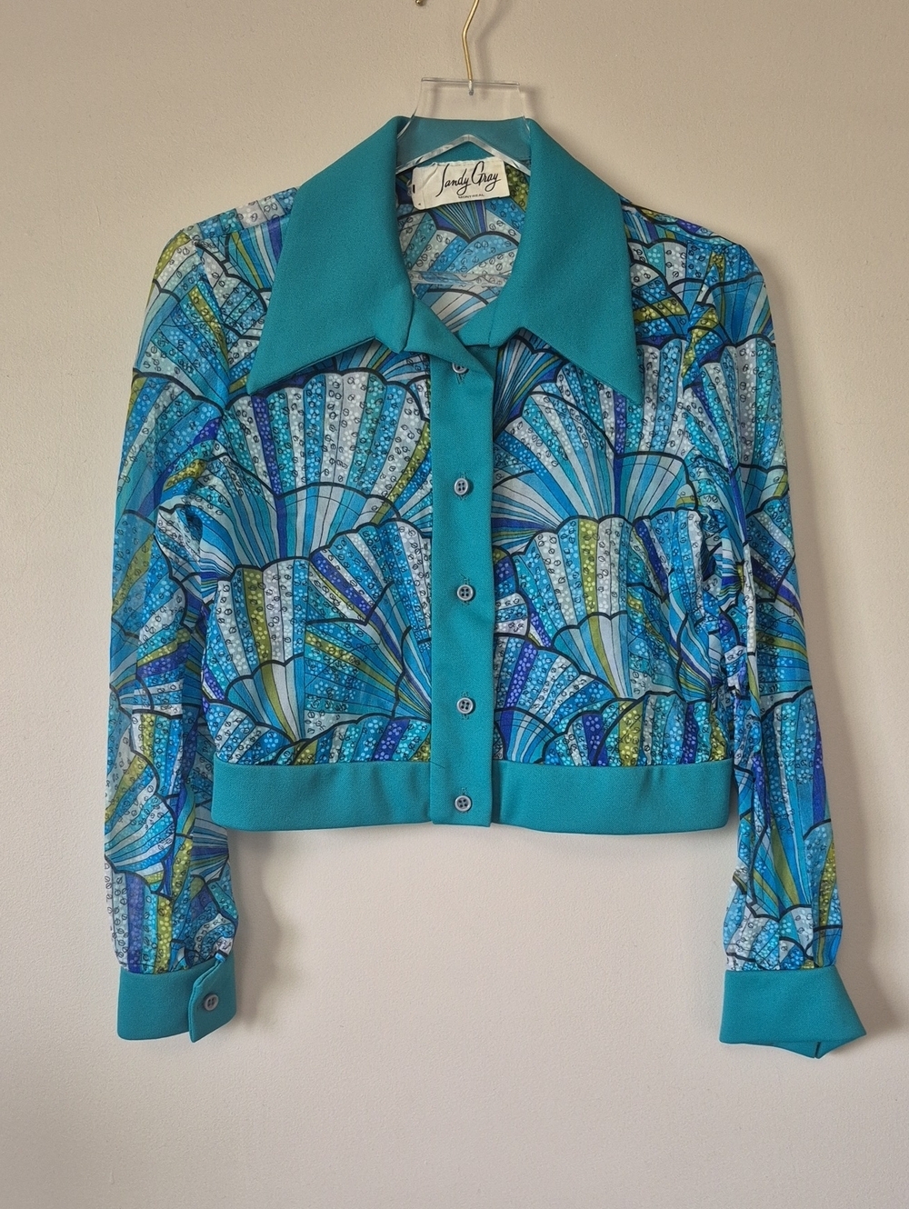 Vintage Turquoise Patterned Button-Up Jacket Teal & Aqua Sheer Retro Groovy 70s